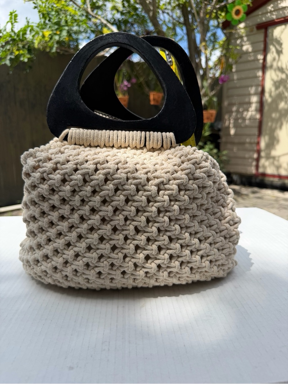 Straw Studios Woven Cotton Rope Tote Bag Wooden Handles Cream Boho Beach Pur